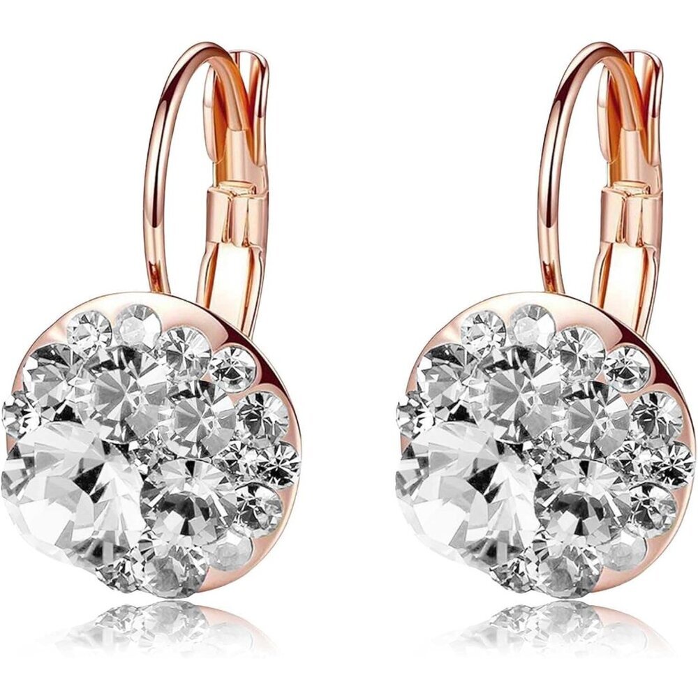 Multicolored Austrian Crystal Leverback Earrings for Women 14K Gold Plated Dangl
